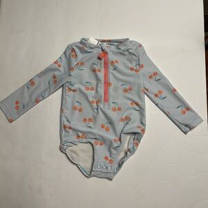 Long sleeve rash guard swimsuit 9M baby blue stripe with peach cherries zip snap